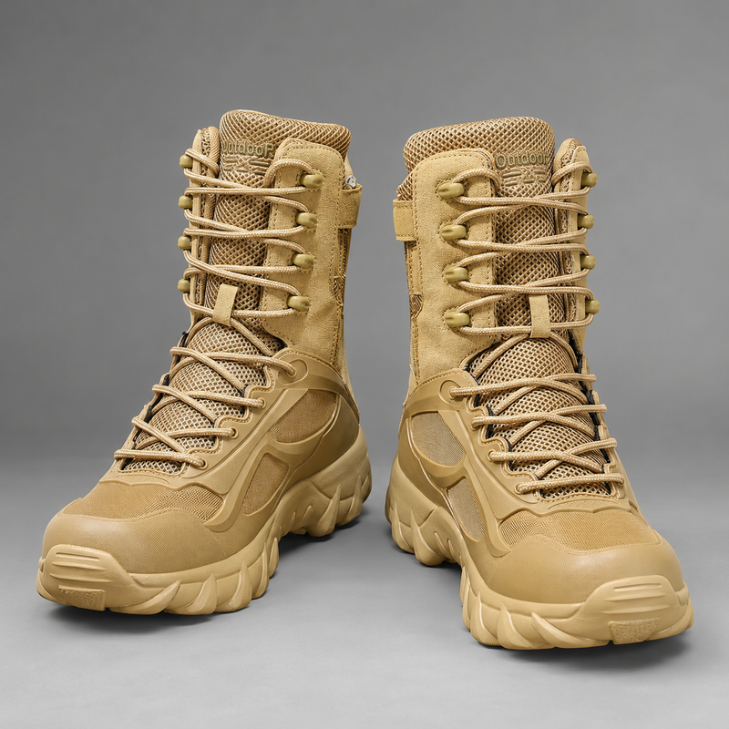 Men’s lightweight high-top tactical hiking boots with breathable fabric lining, lace-up fastening and supportive ankle design, suitable for hiking, trekking, camping, hunting and everyday outdoor wear.