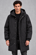 Men's Longline Hooded Parka in Black – front view