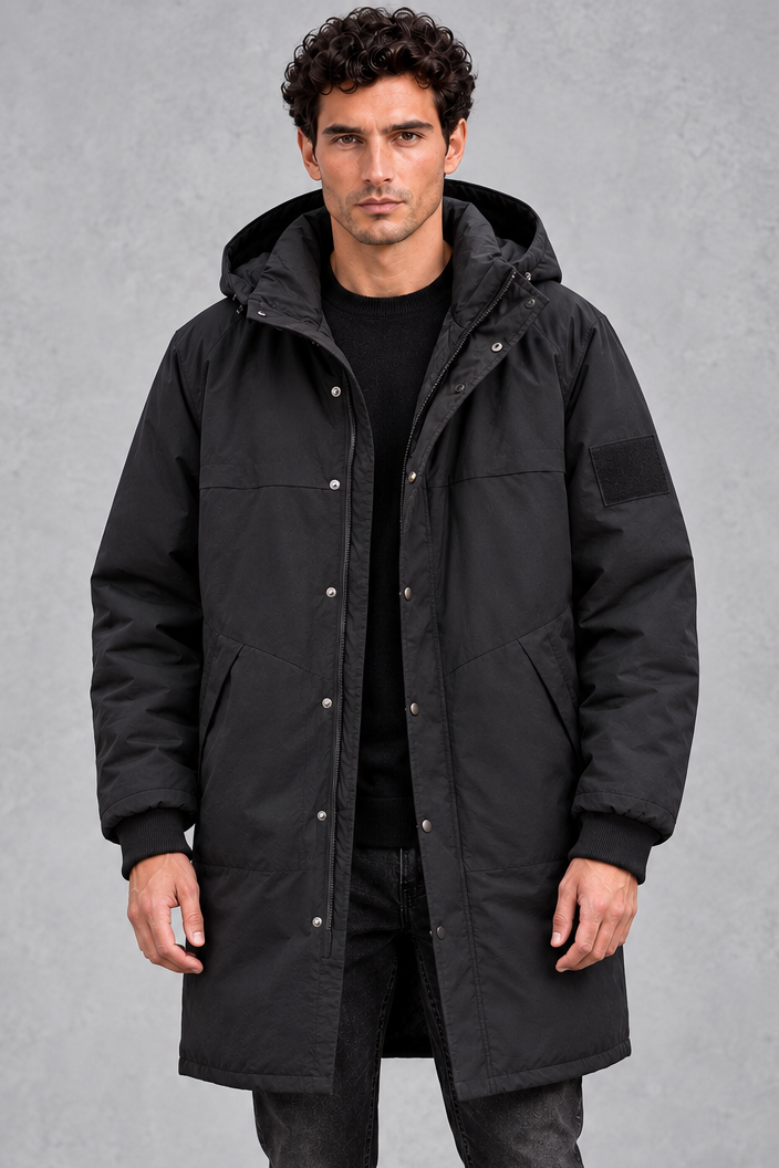 Men's Longline Hooded Parka in Black – front view