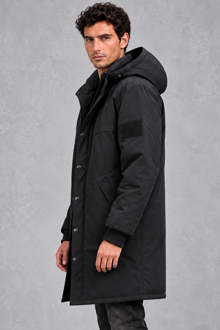 Men's Longline Hooded Parka in Black – side view
