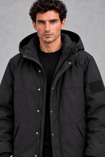 Men's Longline Hooded Parka in Black – close-up