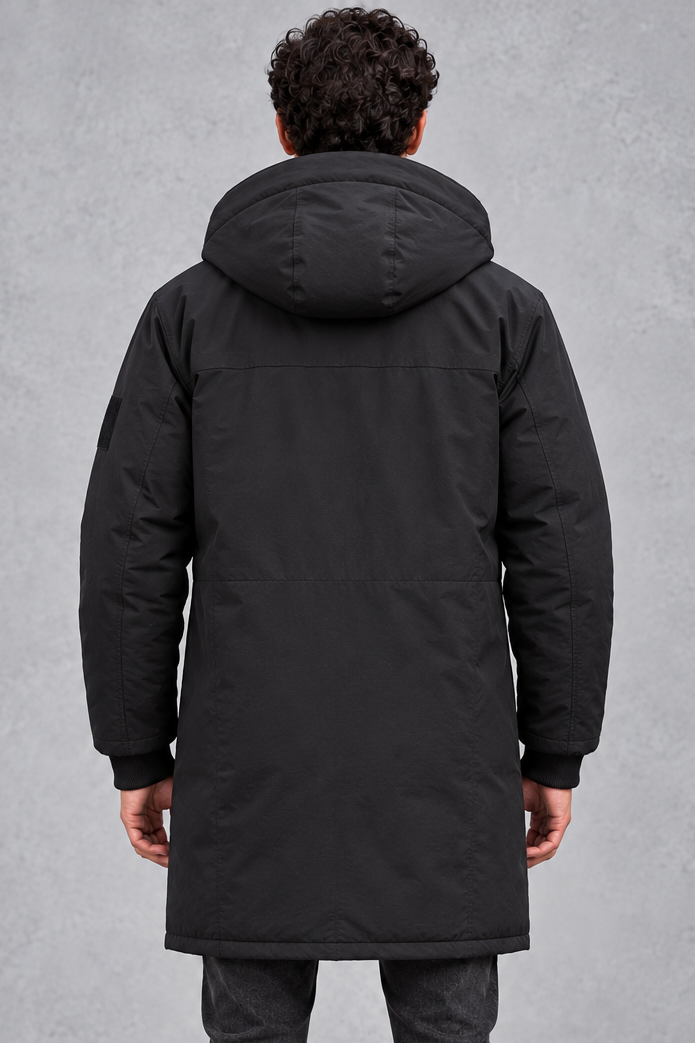 Men's Longline Hooded Parka in Black – back view