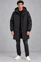 Men's Longline Hooded Parka in Black – full-length view