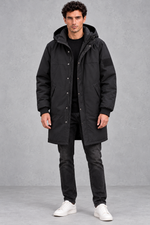 Men's Longline Hooded Parka in Black – full-length view
