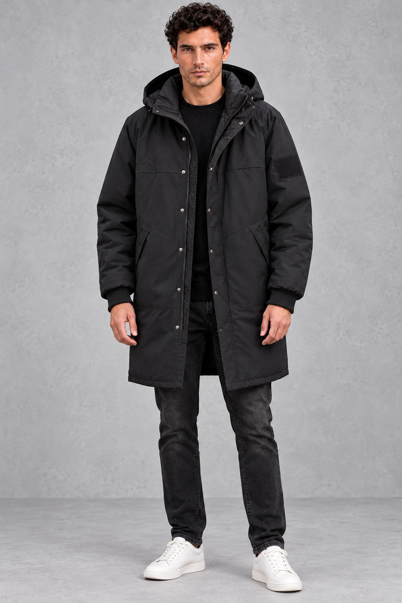 Men's Longline Hooded Parka in Black – full-length view