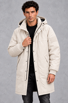 Men's Longline Hooded Parka in Cream – front view
