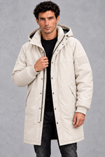 Men's Longline Hooded Parka in Cream – front view