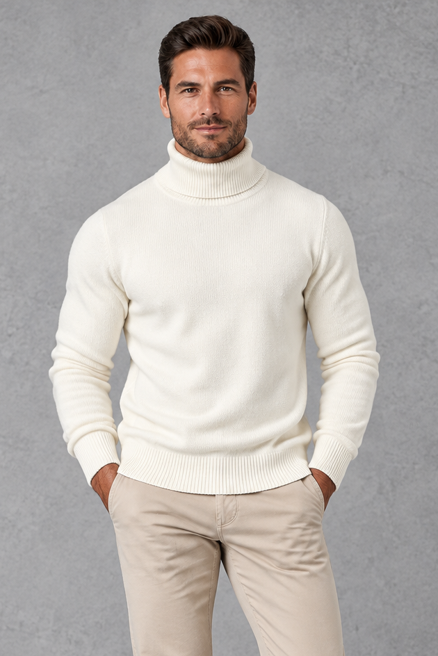 Men's Roll Neck Jumper in White – front view