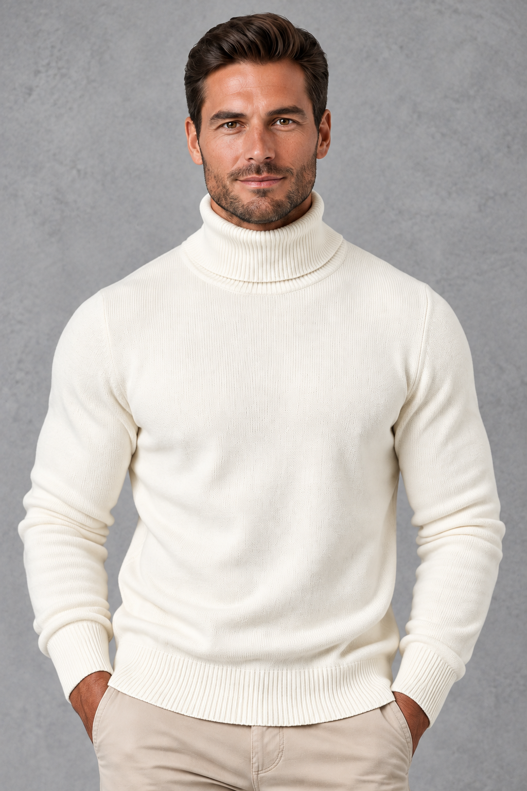 Men's Roll Neck Jumper in White – close-up