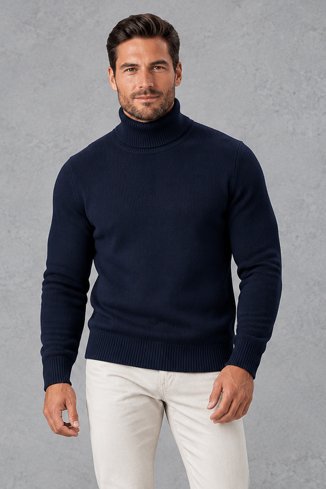 Men's Roll Neck Jumper in Navy – front view