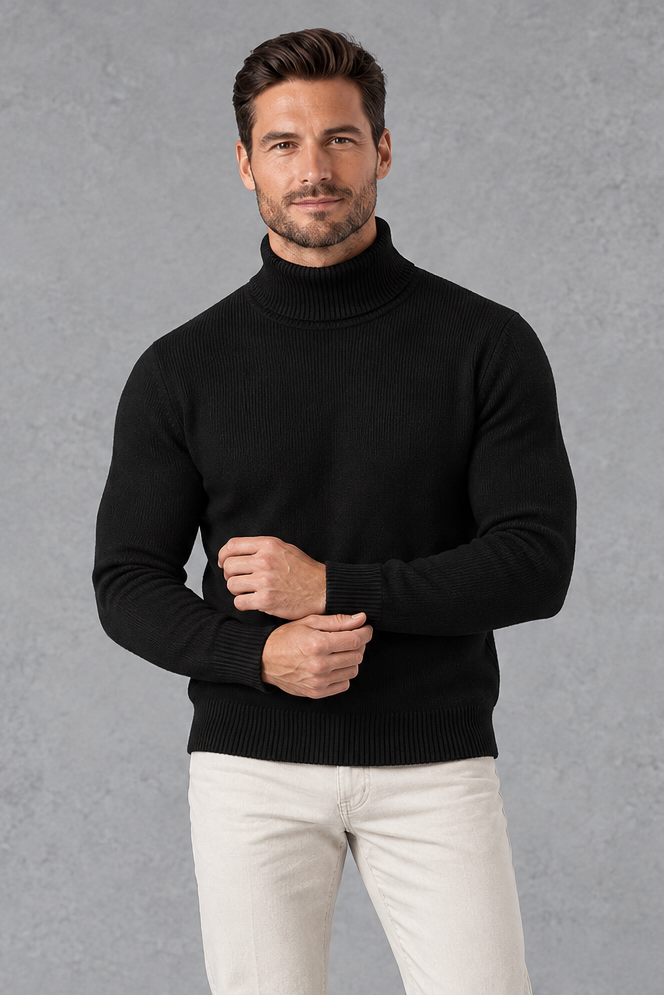 Men's Roll Neck Jumper in Black – front view