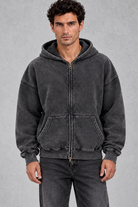 Men’s oversized full zip hoodie with a vintage washed finish, generous hood, dropped shoulders, large front pockets and ribbed trims.