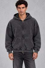 Men’s oversized full zip hoodie with a vintage washed finish, generous hood, dropped shoulders, large front pockets and ribbed trims.