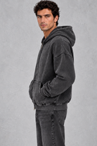 Men’s oversized full zip hoodie with a vintage washed finish, generous hood, dropped shoulders, large front pockets and ribbed trims.