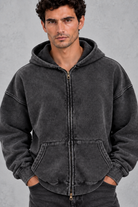 Men’s oversized full zip hoodie with a vintage washed finish, generous hood, dropped shoulders, large front pockets and ribbed trims.