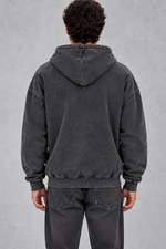 Men’s oversized full zip hoodie with a vintage washed finish, generous hood, dropped shoulders, large front pockets and ribbed trims.