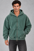 Men’s oversized full zip hoodie with a vintage washed finish, generous hood, dropped shoulders, large front pockets and ribbed trims.