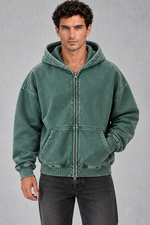 Men’s oversized full zip hoodie with a vintage washed finish, generous hood, dropped shoulders, large front pockets and ribbed trims.
