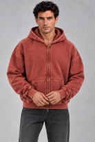 Men’s oversized full zip hoodie with a vintage washed finish, generous hood, dropped shoulders, large front pockets and ribbed trims.