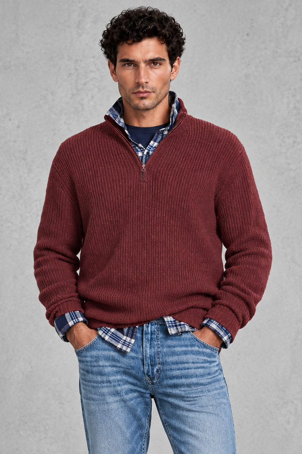 Men's Ribbed Quarter-Zip Jumper – Wine Red