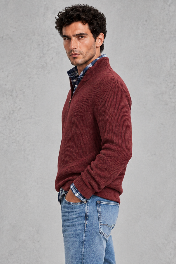 Men's Ribbed Quarter-Zip Jumper – Wine Red