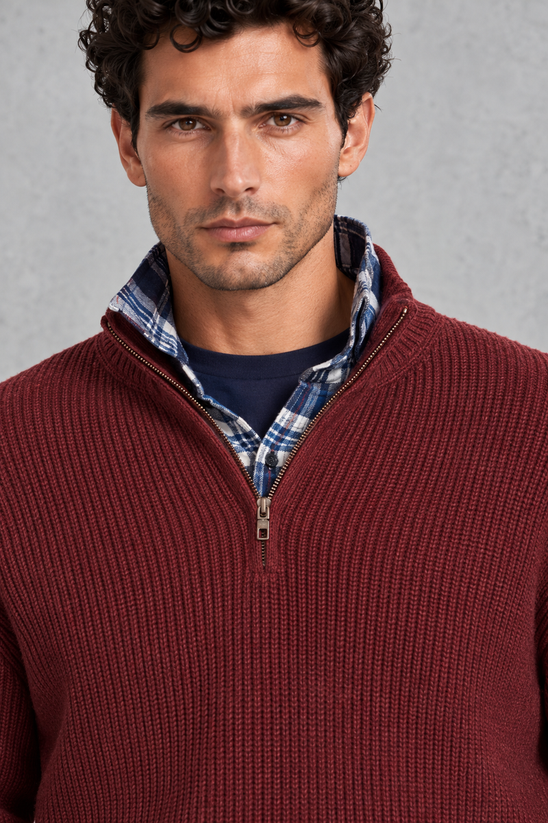 Men's Ribbed Quarter-Zip Jumper – Wine Red