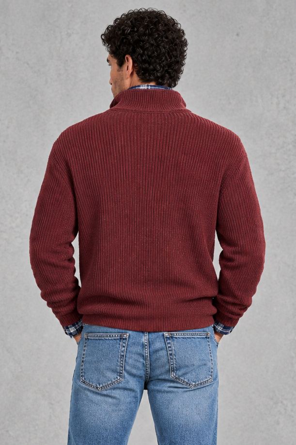 Men's Ribbed Quarter-Zip Jumper – Wine Red