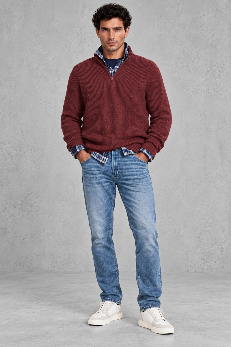 Men's Ribbed Quarter-Zip Jumper – Wine Red