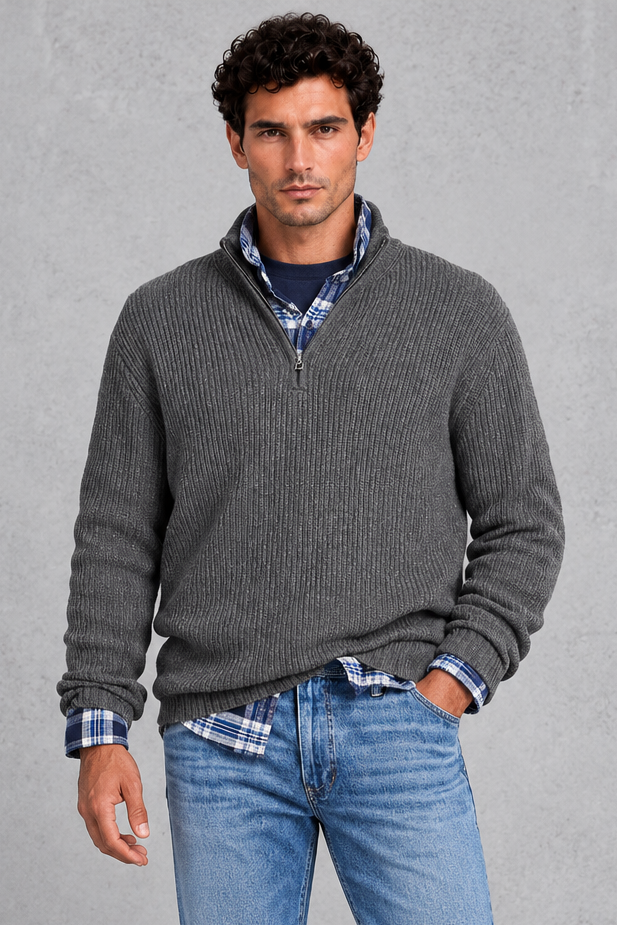 Men's Ribbed Quarter-Zip Jumper – Dark Grey