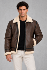 Men’s faux leather aviator jacket with a soft sherpa collar and lining, full zip front, contrast trim and relaxed silhouette.