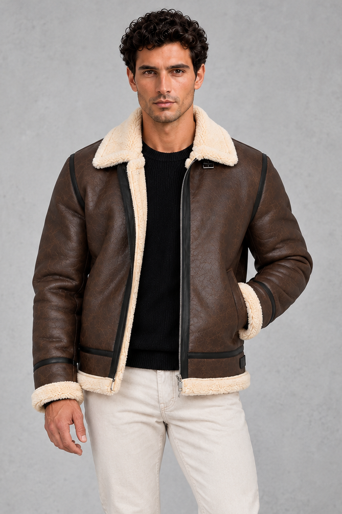 Men’s faux leather aviator jacket with a soft sherpa collar and lining, full zip front, contrast trim and relaxed silhouette.