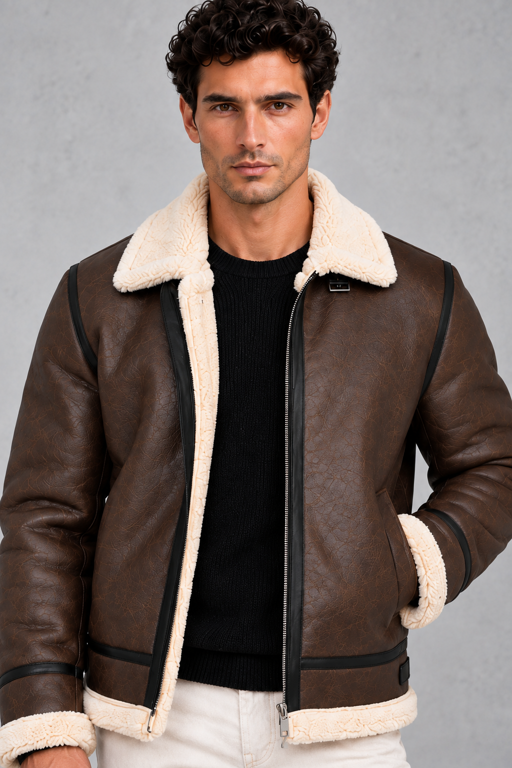 Men’s faux leather aviator jacket with a soft sherpa collar and lining, full zip front, contrast trim and relaxed silhouette.