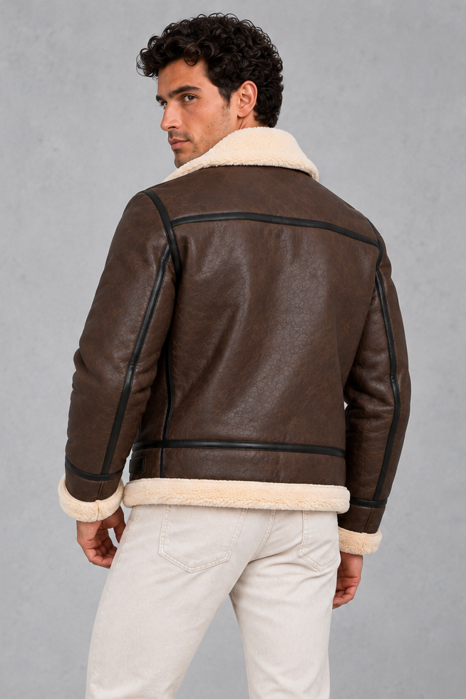Men’s faux leather aviator jacket with a soft sherpa collar and lining, full zip front, contrast trim and relaxed silhouette.