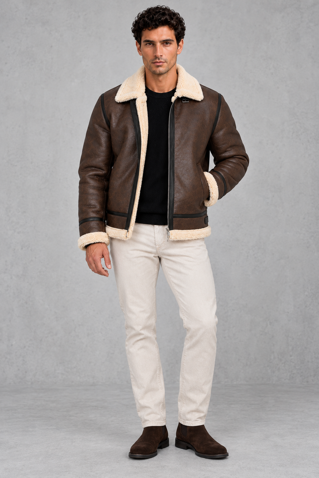 Men’s faux leather aviator jacket with a soft sherpa collar and lining, full zip front, contrast trim and relaxed silhouette.
