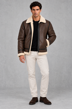 Men’s faux leather aviator jacket with a soft sherpa collar and lining, full zip front, contrast trim and relaxed silhouette.