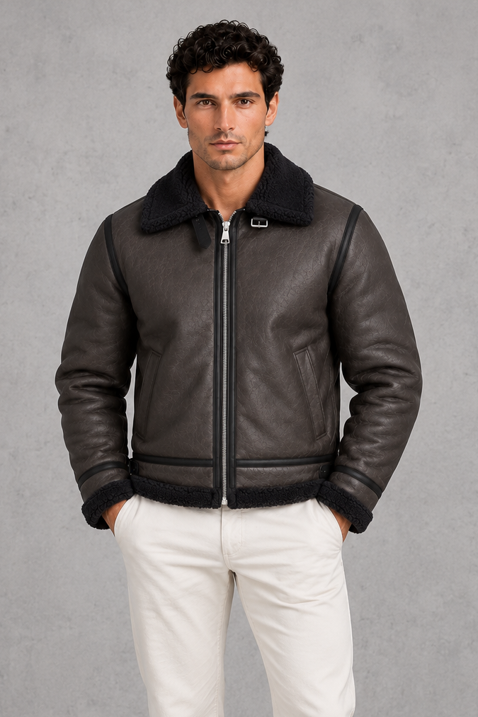 Men’s faux leather aviator jacket with a soft sherpa collar and lining, full zip front, contrast trim and relaxed silhouette.