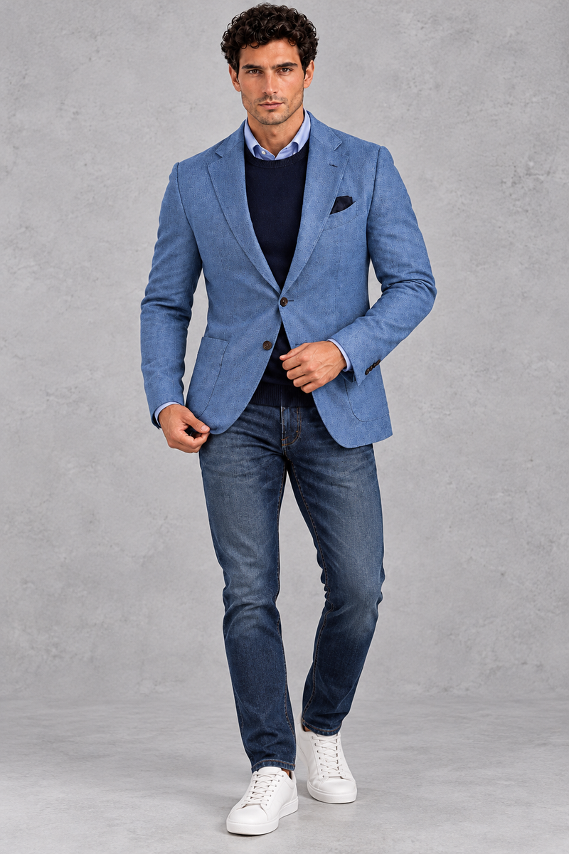 Men's Single-Breasted Blazer in Blue – full-length front view