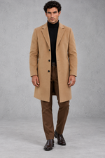 Men's Slim-Fit Tailored Overcoat in Camel – front view