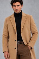 Men's Slim-Fit Tailored Overcoat in Camel – detail view