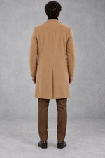 Men's Slim-Fit Tailored Overcoat in Camel – back view