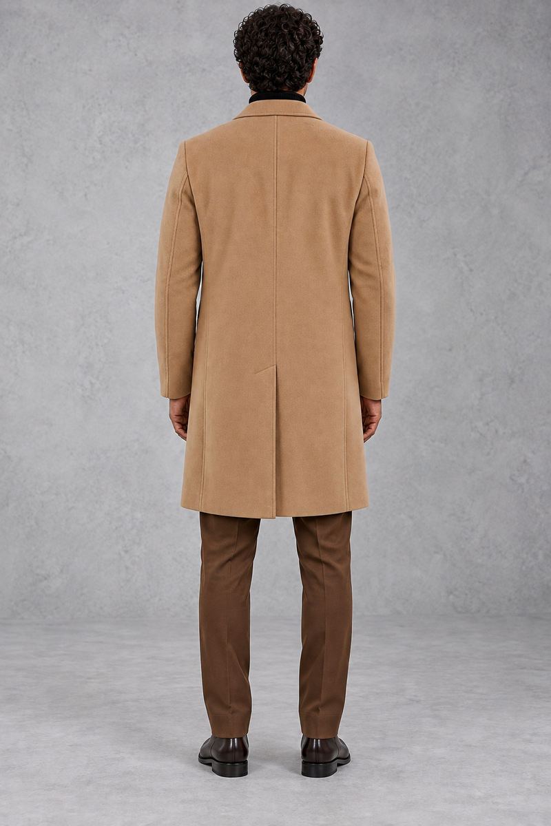 Men's Slim-Fit Tailored Overcoat in Camel – back view