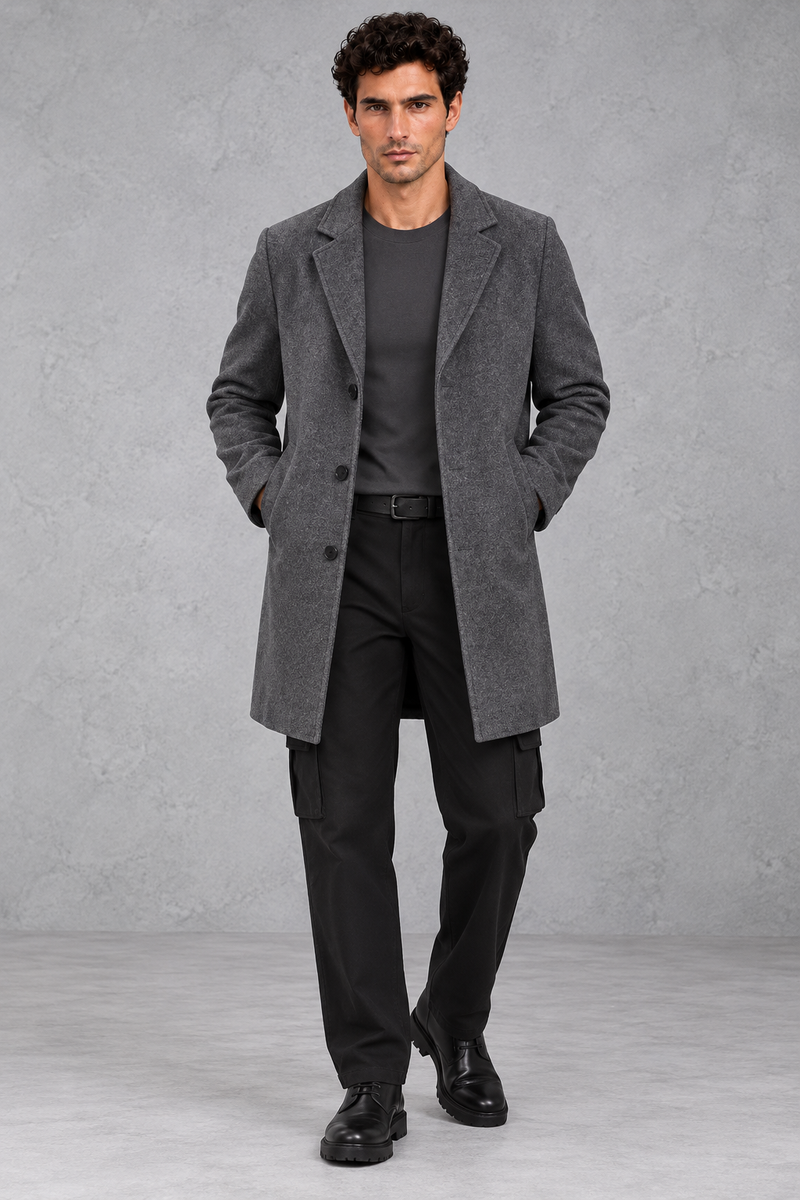 Men's Slim-Fit Tailored Overcoat in Grey – front view