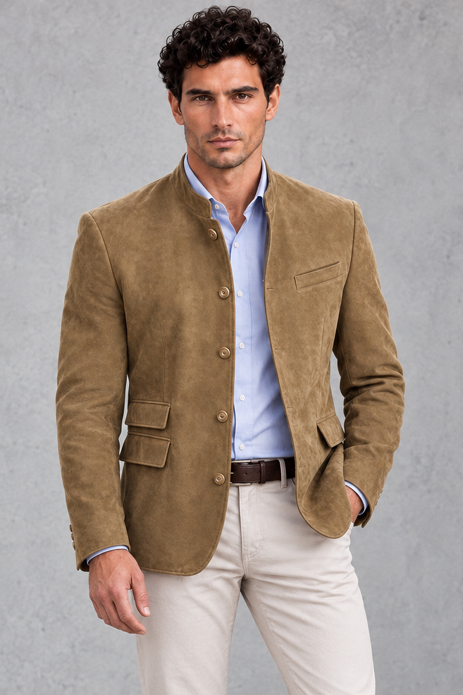 Men's Mandarin Collar Blazer in Khaki – front view