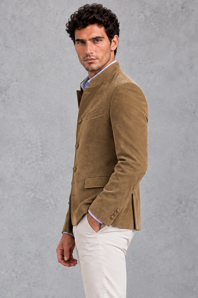 Men's Mandarin Collar Blazer in Khaki – side view