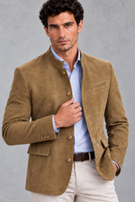 Men's Mandarin Collar Blazer in Khaki – close-up