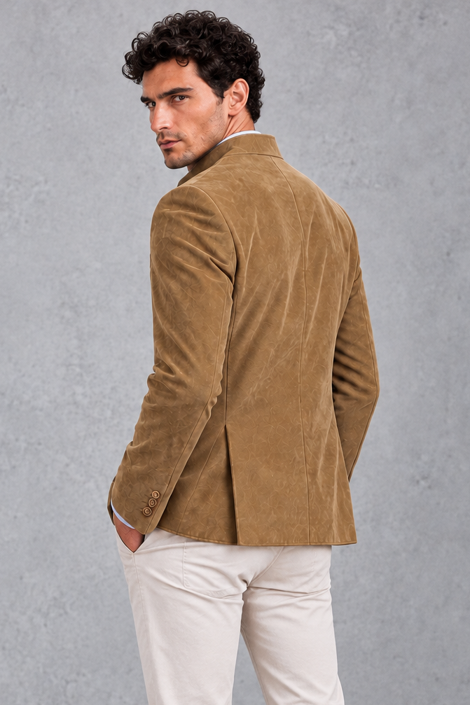 Men's Mandarin Collar Blazer in Khaki – back view