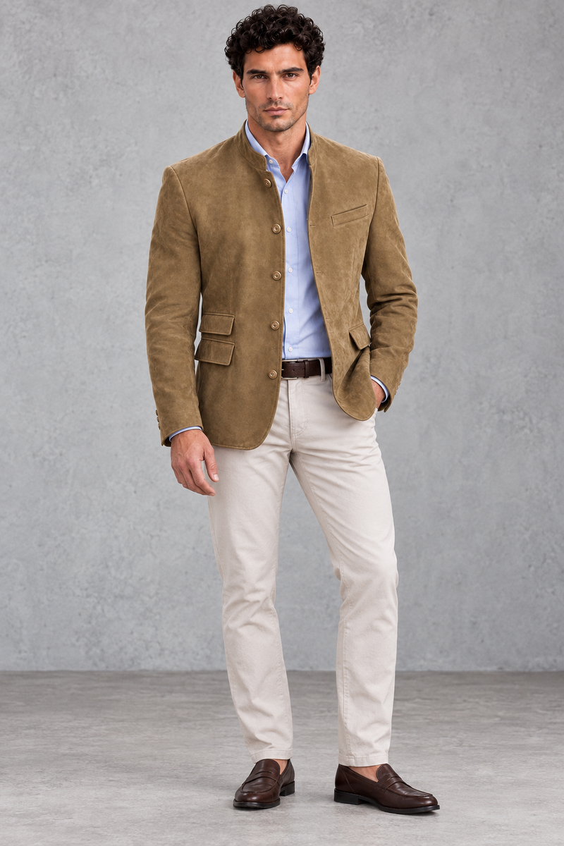 Men's Mandarin Collar Blazer in Khaki – full-length view