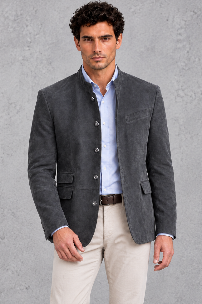 Men's Mandarin Collar Blazer in Dark Grey – front view