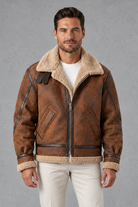 Men's Suede-Look Aviator Jacket in Brown – front view
