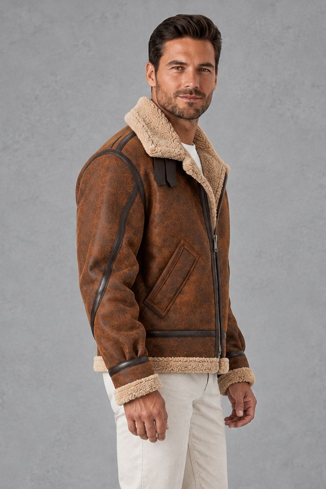 Men's Suede-Look Aviator Jacket in Brown – side view